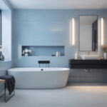 Ein modernes, grau-blaues Badezimmer mit einer weißen Badewanne und einem weißen Waschbecken und dunklen Möbeln