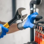 Eine behandschuhte Hand hält einen Schraubenschlüssel, die andere Hand greift nach einem Regler
