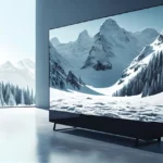 TV mit eine verschneiten Gebirgslandschaft auf dem Display steht in einem leeren blaugrauen Raum