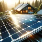 Ein Solarpanel auf einem Hausdach bei untergehender Sonne