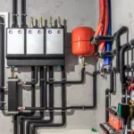 Ein Kellerraum mit Rohren und Zuführungen einer Heizungsanlage an der Wand.